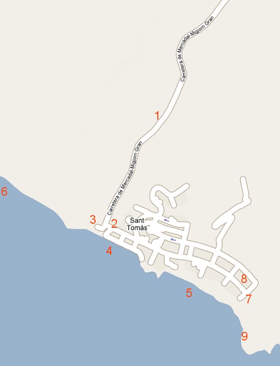 Map of access to the urbanization of Santo Tomas and the beaches of San Adeodato Binigaus and is Es Migjorn Gran