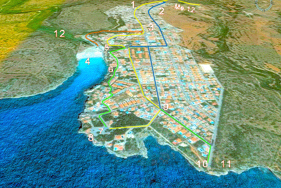 Mapa de calan Porter, localización de puntos de informacion de acceso a la urbanización y la playa de calan Porter la discoteca Cova de en Xoroi y el sendero a Calas Covas