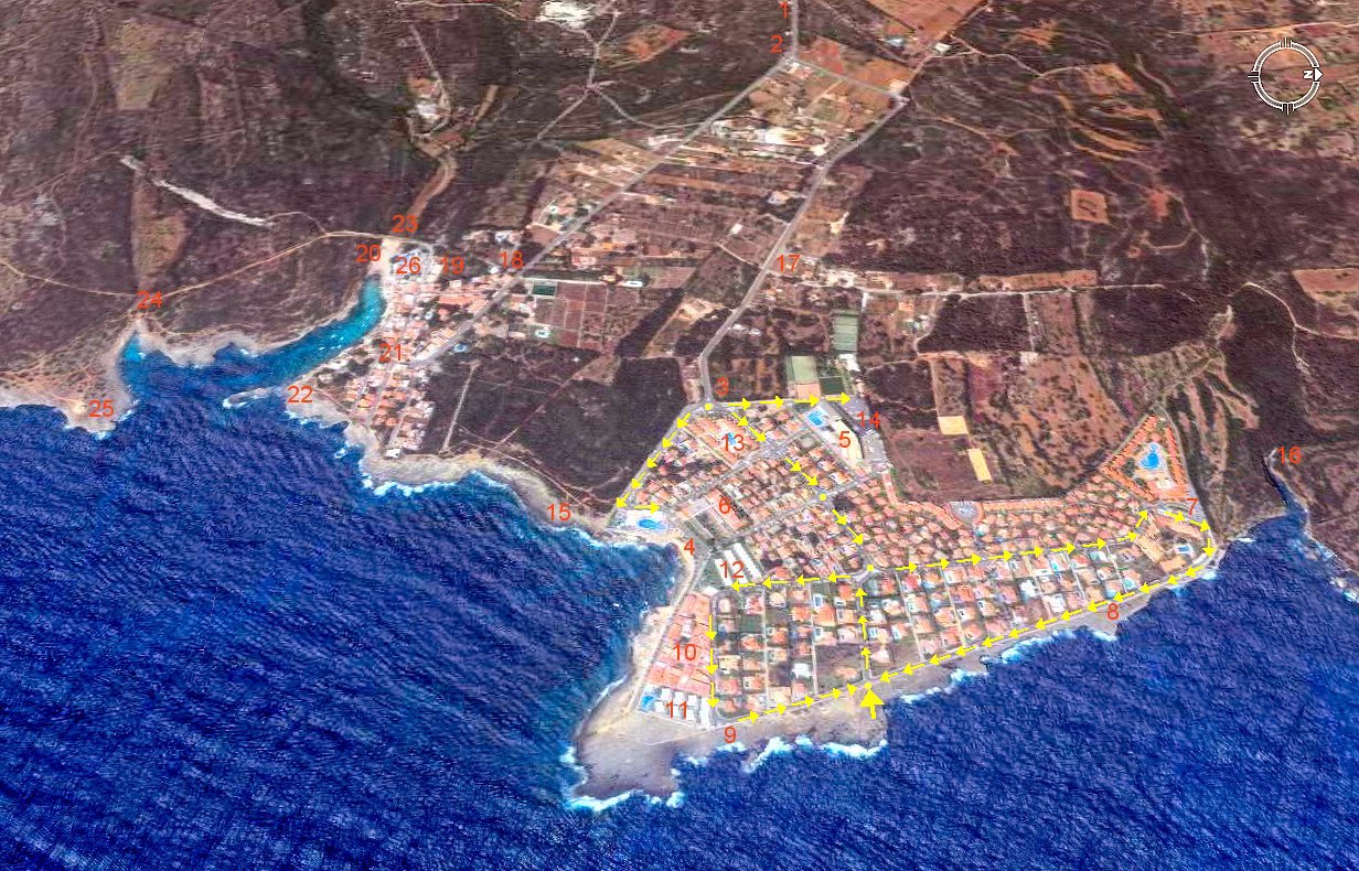 Vista de la costa de Alacufar y S´Algar (mapas de Google) donde se han indicado circuitos y puntos de espacial interes para el visitante
