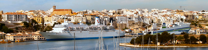 El gran y espectacular puerto de Mahon en isla de Menorca archipi�lago de las Baleares en el Mediterr�neo occidental, es el territorio mas a este de actual reino de Espa�a, con una poblaci�n permanente de unos 85 mil habitantes, distribuidos en 8 municipios, Ma�, la capital, Ciudadela, la antigua capital, Alaior, Ferrreries, Sant Lluis, Es Castell, Mercadal, es Migjorn Gram y en ciernes Fornells  