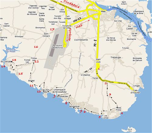 Mapa del área de poniente y sur de la isla de Menorca, desde cala San Esteban asta cala Es Canutells, despliegue de los puntos mas importantes, Binisafuller o Binissafuller Punta prima Binibeca Isla del Aire